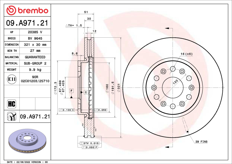 Buick Enclave Brake Rotor (1) - Front - Brembo OE - UV Coated - `18-`22